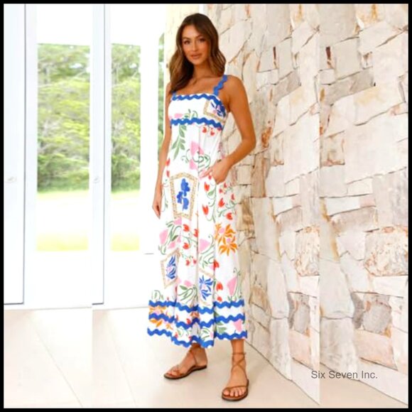Summer Casual Maxi Dress Spaghetti Strap Smocked Back Floral Print - Picture 3 of 6